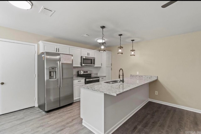 kitchen with white cabinets, light wood-type flooring, appliances with stainless steel finishes, sink, and kitchen peninsula