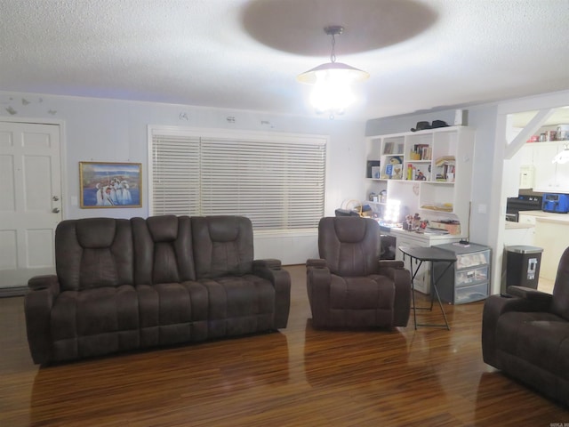 living room with dark wood-type flooring and a textured ceiling