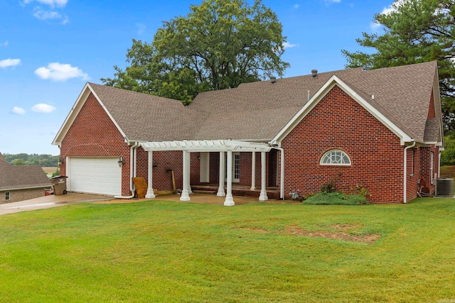 single story home with driveway, an attached garage, a front lawn, a pergola, and brick siding