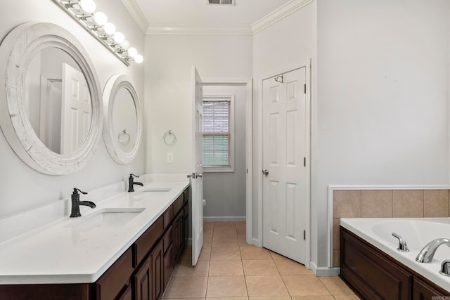 bathroom with a bath, tile patterned flooring, crown molding, and a sink