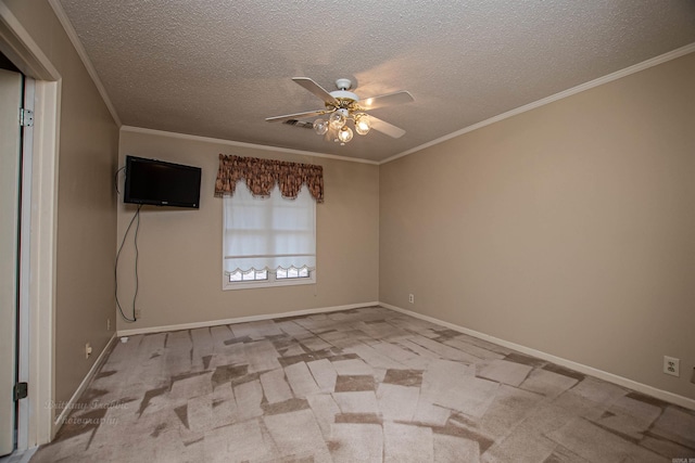 unfurnished room with light colored carpet, ceiling fan, crown molding, and a textured ceiling