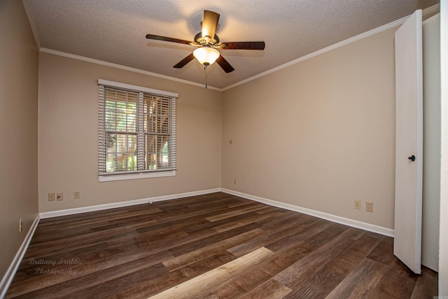 unfurnished room featuring ceiling fan, dark hardwood / wood-style flooring, crown molding, and a textured ceiling