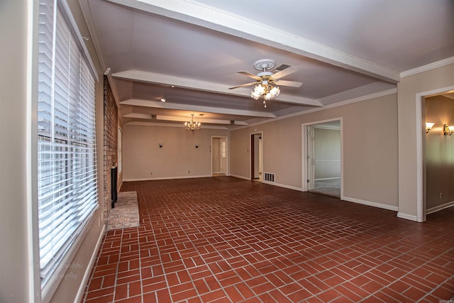 unfurnished room with plenty of natural light, ornamental molding, ceiling fan with notable chandelier, and beam ceiling