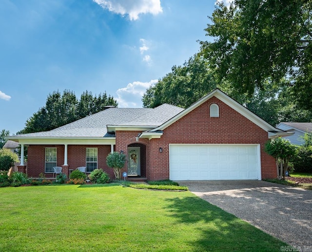 ranch-style home with a garage and a front yard