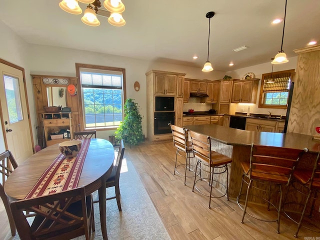 interior space with sink, a chandelier, and light hardwood / wood-style flooring