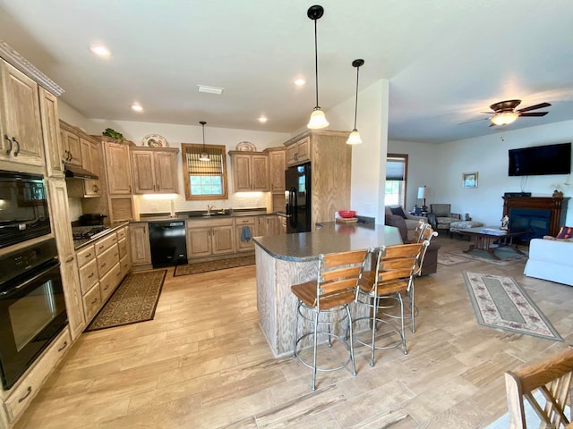 kitchen featuring black appliances, a wealth of natural light, light hardwood / wood-style flooring, and ceiling fan