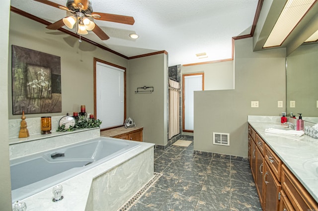 bathroom featuring double vanity, visible vents, a shower with curtain, ornamental molding, and a bath