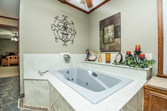 bathroom featuring a whirlpool tub and ceiling fan