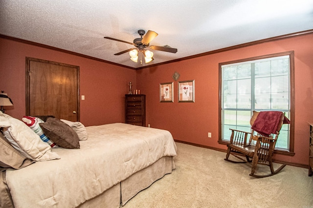 bedroom with baseboards, ornamental molding, a textured ceiling, and light colored carpet