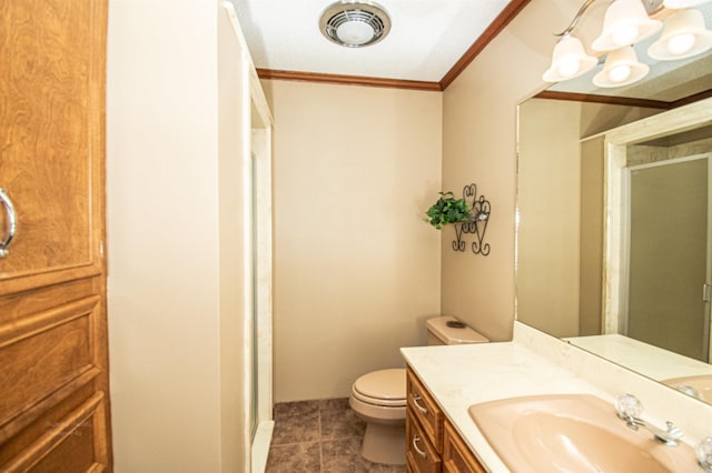 full bath with a notable chandelier, visible vents, toilet, ornamental molding, and a shower stall