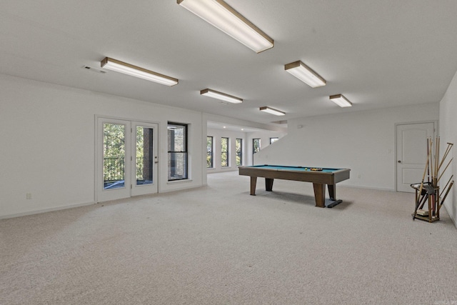 playroom with visible vents, baseboards, pool table, and carpet floors