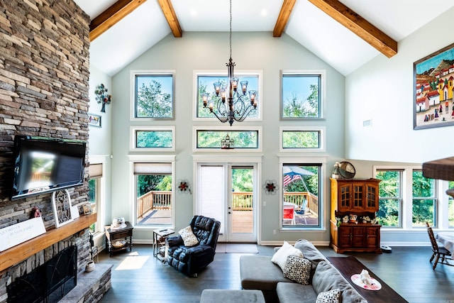 living room featuring beamed ceiling, high vaulted ceiling, dark hardwood / wood-style flooring, and a notable chandelier