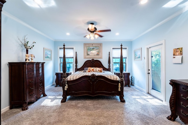 carpeted bedroom featuring ceiling fan, access to exterior, and ornamental molding