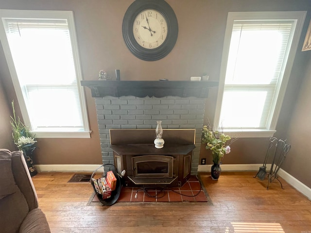 details featuring a wood stove and wood-type flooring