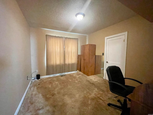 unfurnished office with a textured ceiling and carpet floors