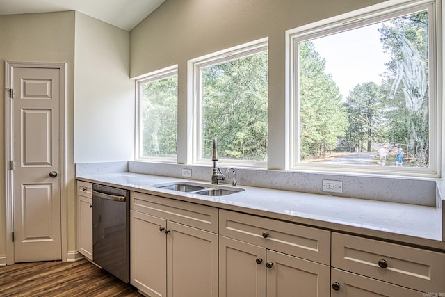 kitchen with dark wood-style floors, stainless steel dishwasher, a sink, and light stone countertops