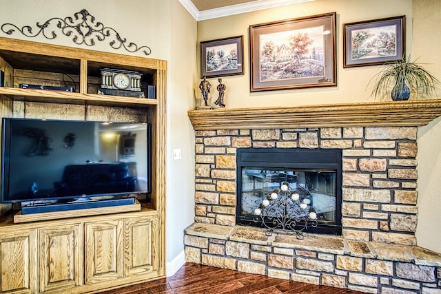 living room with a fireplace, crown molding, and dark hardwood / wood-style floors