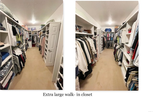 walk in closet featuring light carpet