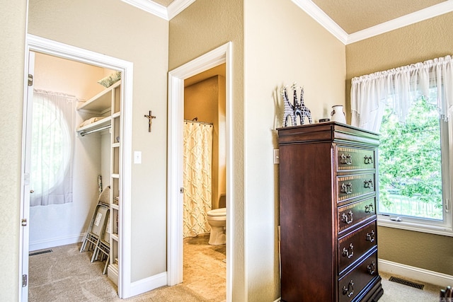 bedroom with a closet, light colored carpet, ensuite bathroom, and ornamental molding