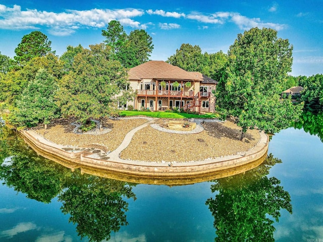 exterior space with a water view