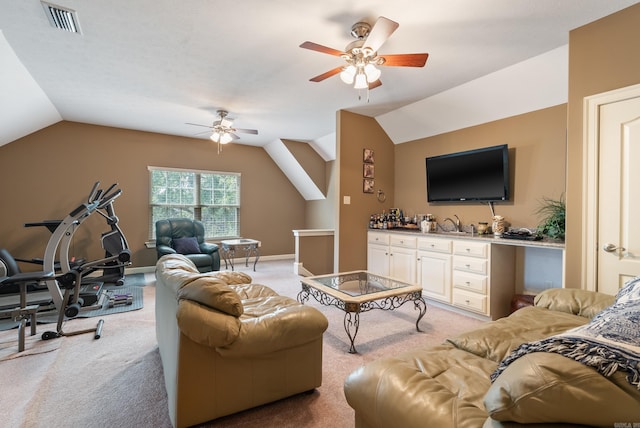 24 W Jericho Dr, Greenbrier, AR 72058 - living area with ceiling fan, light carpet, visible vents, baseboards, and vaulted ceiling