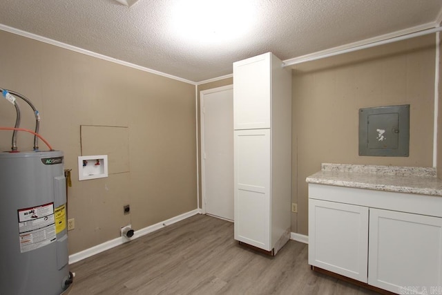 6 Fox Hill Rd, Greenbrier, AR 72058 - washroom featuring cabinet space, light wood finished floors, water heater, electric dryer hookup, and electric panel