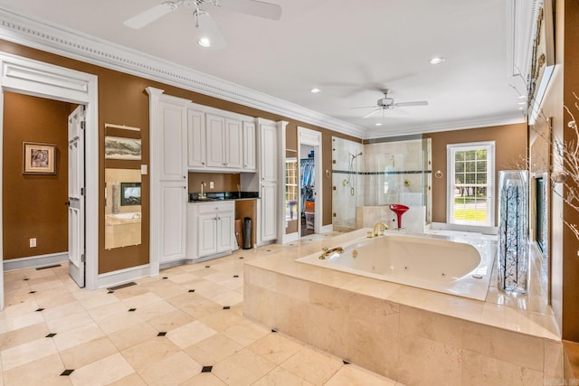 full bathroom with recessed lighting, ornamental molding, a sink, a shower stall, and a jetted tub