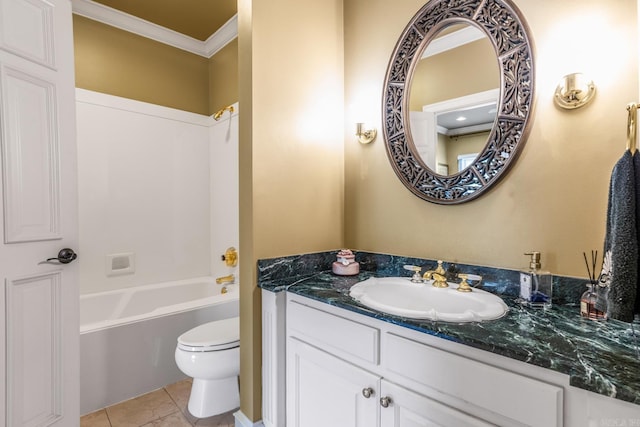 bathroom with crown molding, shower / bathing tub combination, toilet, vanity, and tile patterned floors