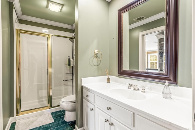 full bathroom with ornamental molding, visible vents, a shower stall, and toilet