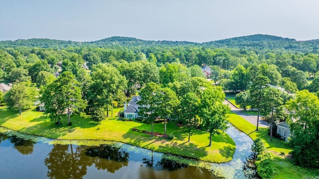 bird's eye view with a water view and a wooded view