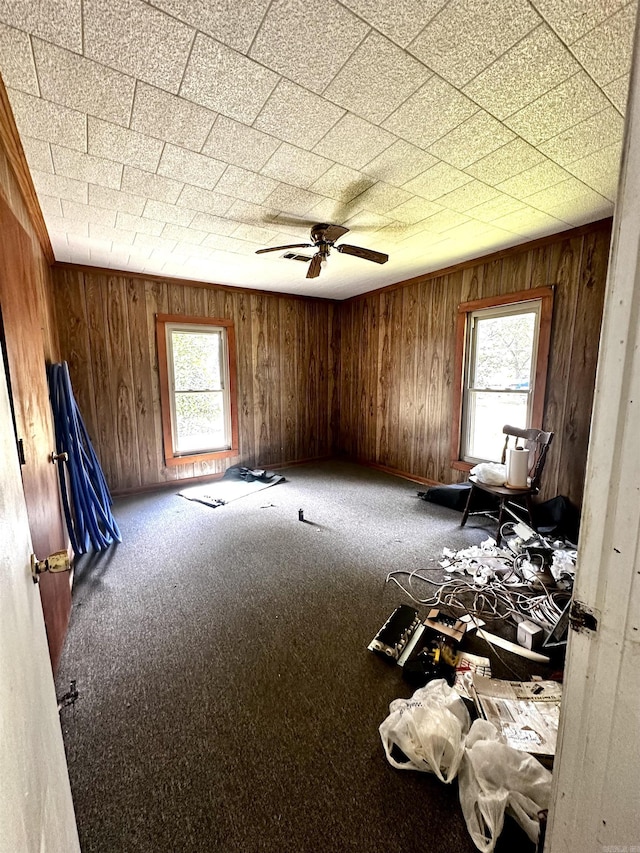 interior space with a ceiling fan, carpet, and wood walls