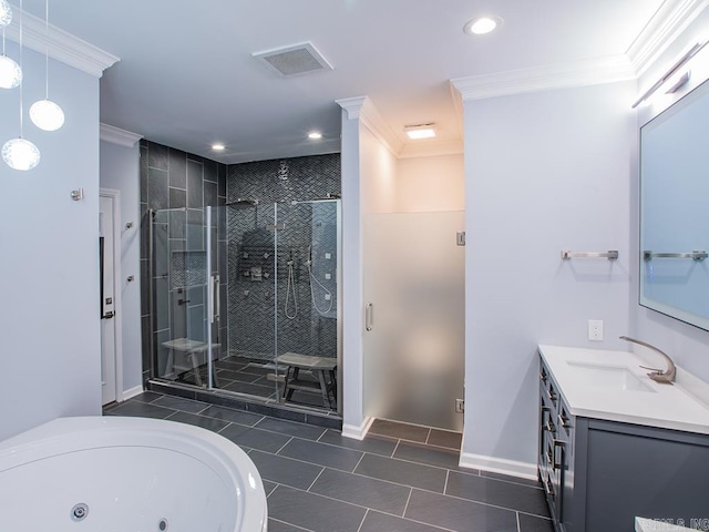 bathroom featuring tile patterned flooring, vanity, ornamental molding, and independent shower and bath