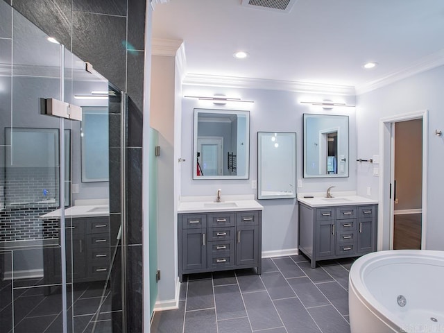 bathroom with crown molding, vanity, and shower with separate bathtub