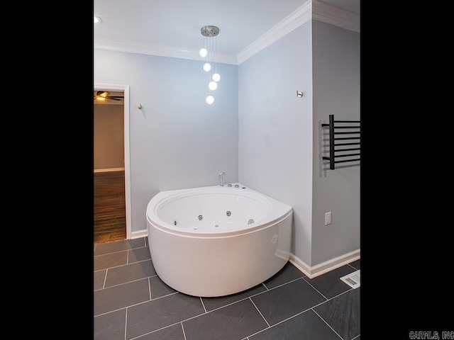 bathroom with a bath, tile patterned flooring, crown molding, and ceiling fan