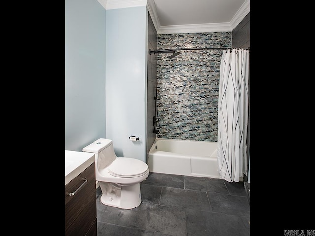 full bathroom with crown molding, toilet, shower / tub combo, and vanity