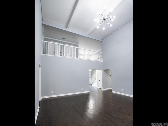 unfurnished living room with dark wood-type flooring, beamed ceiling, high vaulted ceiling, and a chandelier