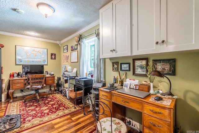 home office with ornamental molding, a textured ceiling, and hardwood / wood-style flooring