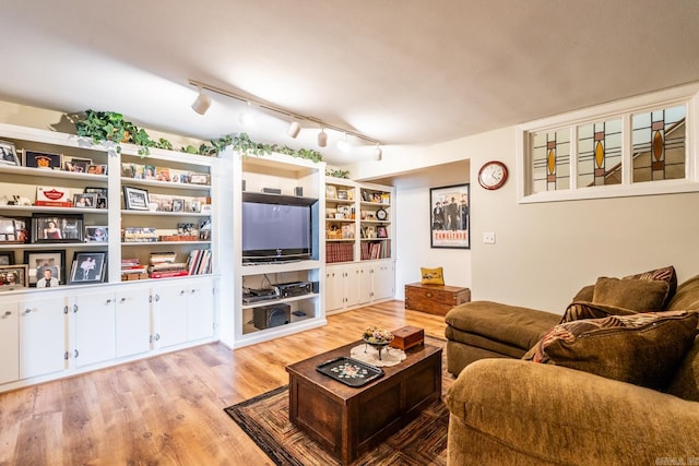 living room with rail lighting and hardwood / wood-style flooring