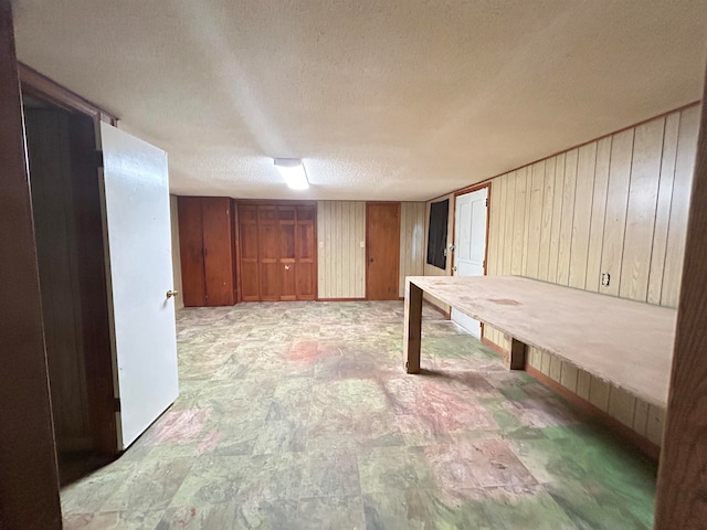 basement with a textured ceiling and wood walls