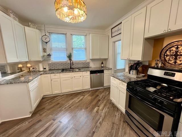 kitchen with stone counters, stainless steel appliances, wood finished floors, a sink, and white cabinetry