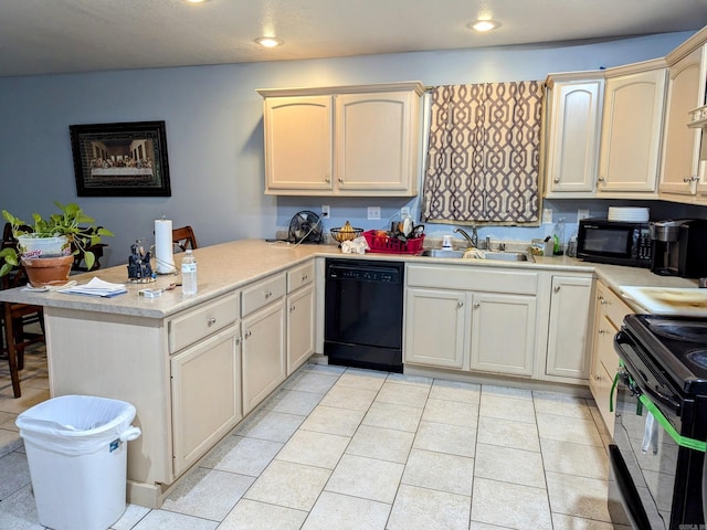 kitchen with black appliances, light tile patterned flooring, kitchen peninsula, and sink