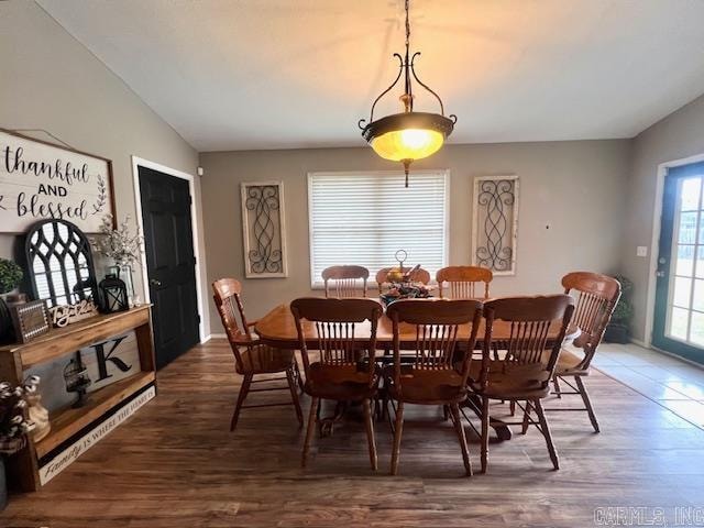 dining room with lofted ceiling and dark hardwood / wood-style floors