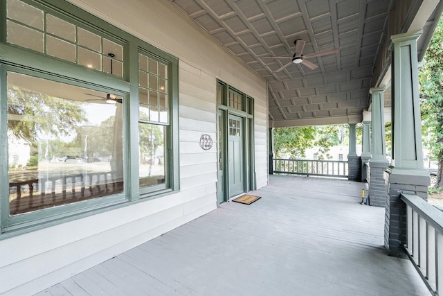 exterior space featuring ceiling fan and covered porch