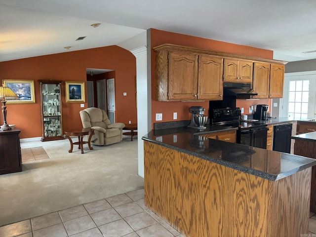 kitchen featuring light carpet, lofted ceiling, dark stone countertops, and black appliances