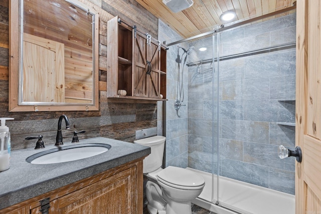 bathroom featuring wooden ceiling, walk in shower, toilet, decorative backsplash, and vanity