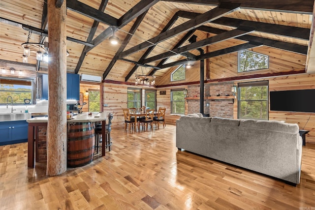 living room featuring wood ceiling, wooden walls, and light hardwood / wood-style floors