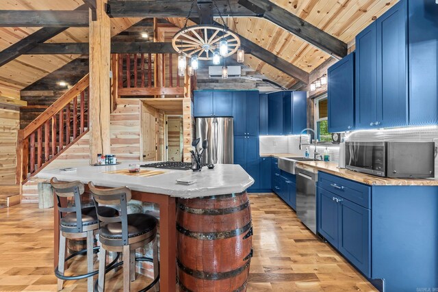 kitchen featuring light hardwood / wood-style flooring, stainless steel appliances, blue cabinetry, and wooden ceiling