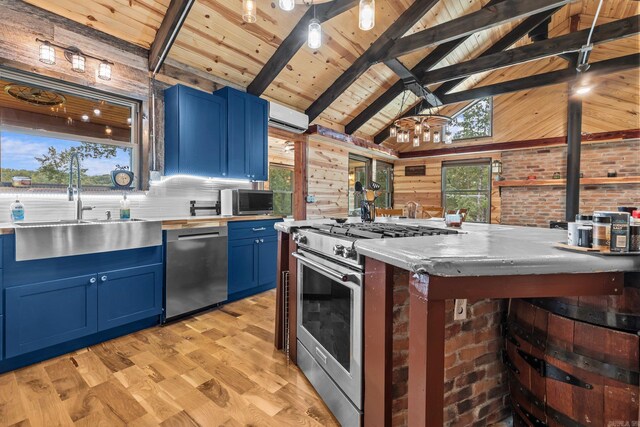 kitchen with light hardwood / wood-style floors, a wealth of natural light, stainless steel appliances, and blue cabinets