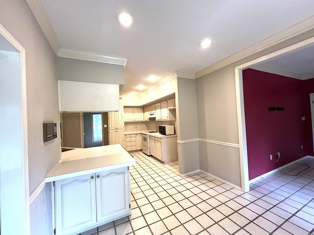 kitchen with crown molding, baseboards, light countertops, a peninsula, and white electric range oven