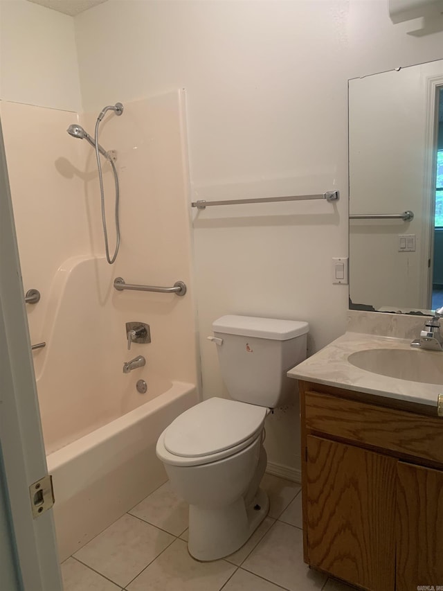 bathroom with toilet, bathtub / shower combination, vanity, and tile patterned floors